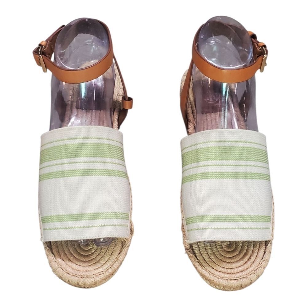 Tory Burch Cream and Light Green Stripe Espadrille Sandals